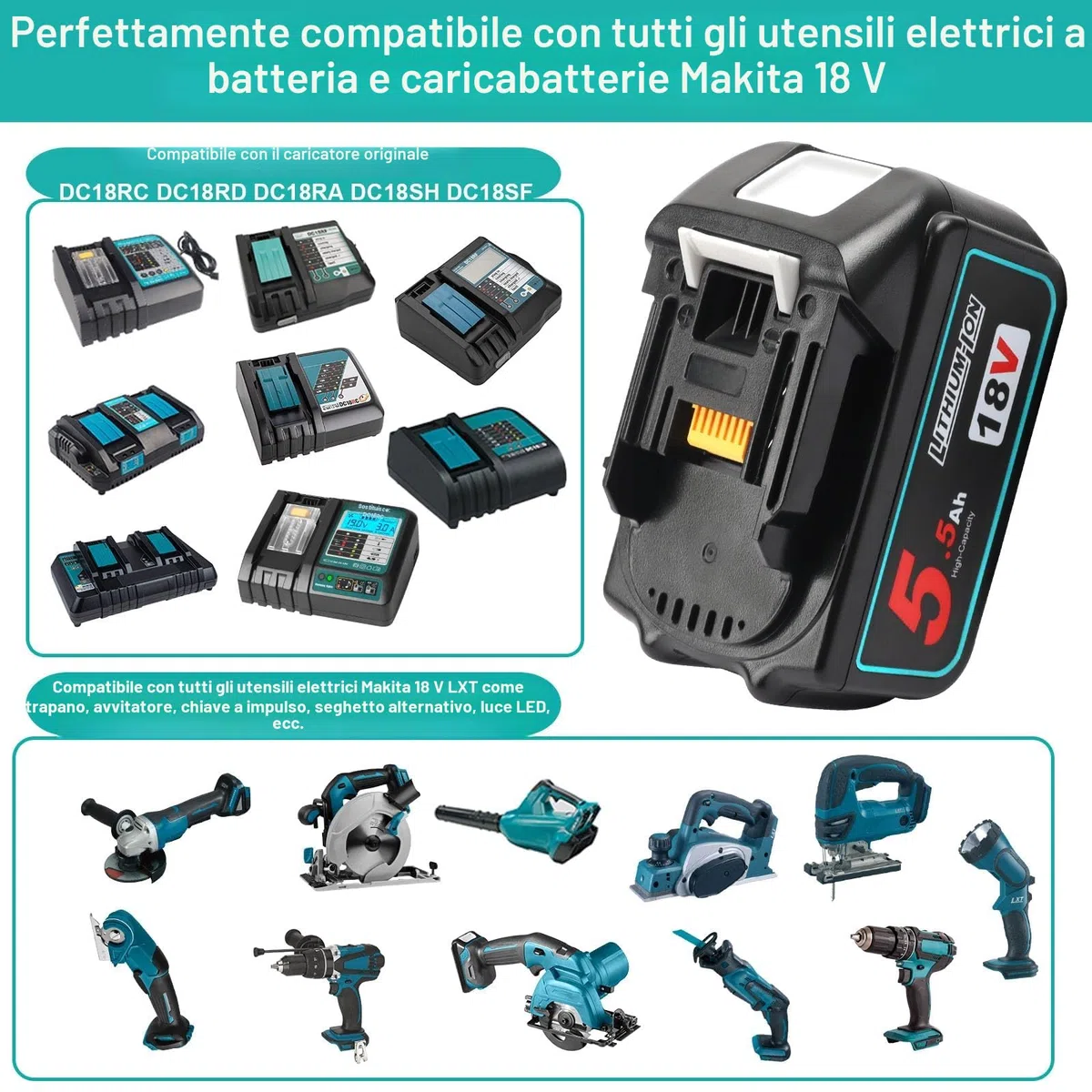 Powarobor 2x BL1850B 18V 5.5Ah Batteria di ricambio agli ioni di litio Compatibile con Makita 18Volt BL1830 BL1850 BL1860B con indicatore LED con kit caricabatterie