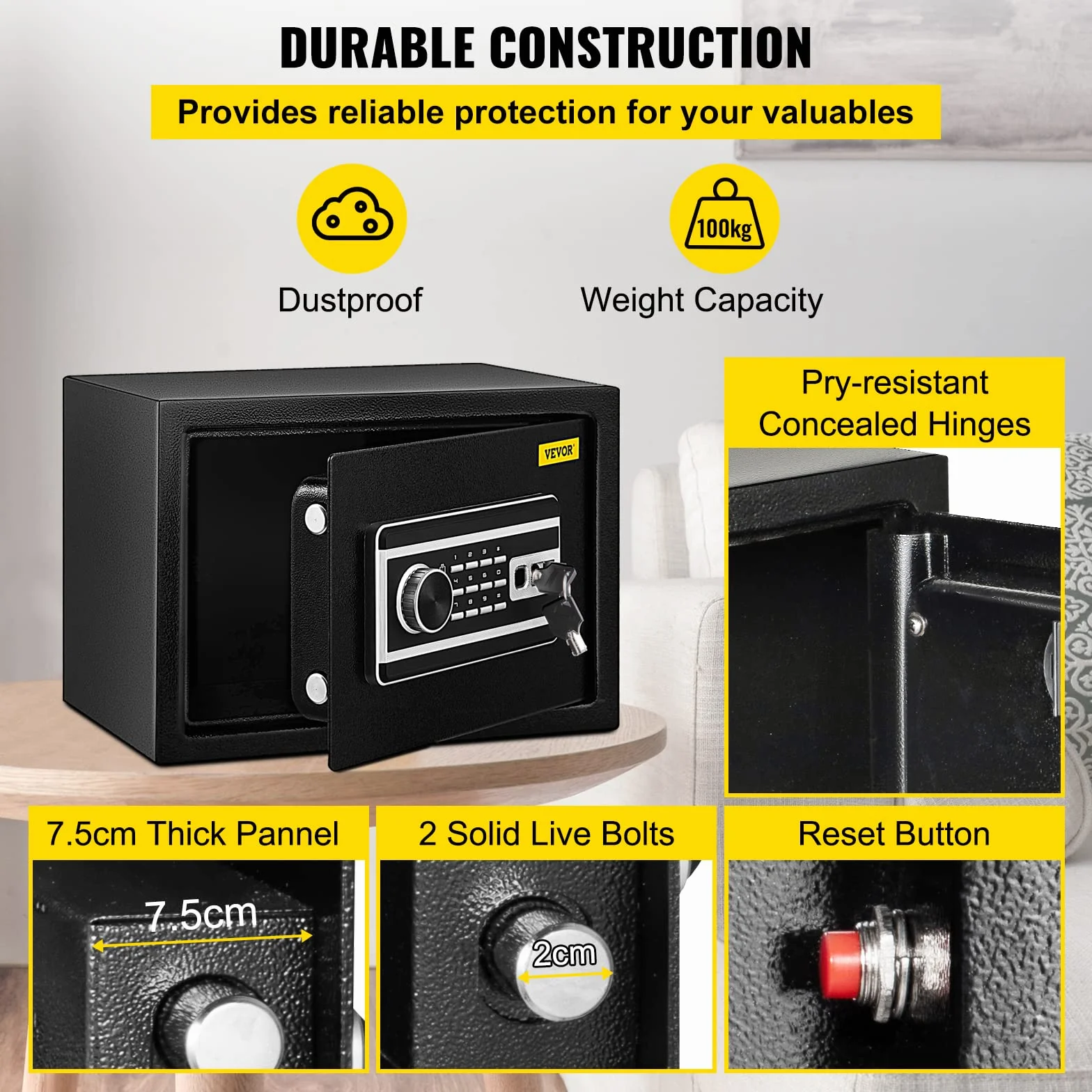 VEVOR Cassaforte con Sensore Impronte Digitali e Tastiera Digitale 35x25x25 cm, Cassetta di Sicurezza con Impronte Digitale Portata 17 kg, Cassetta di Sicurezza Portatile Adatto a Qualsiasi Ambiente