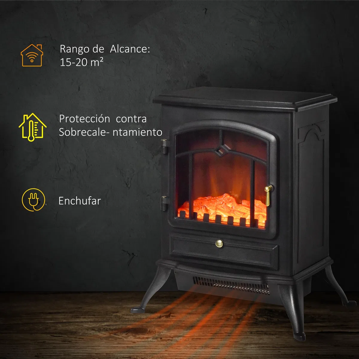 HOMCOM Camino Elettrico da Terra con Effetto Fiamma, Caminetto Elettrico 1000W /2000W con Protezione da Surriscaldamento e Termostato, in ABS e Vetro, 45x28x54cm, Nero