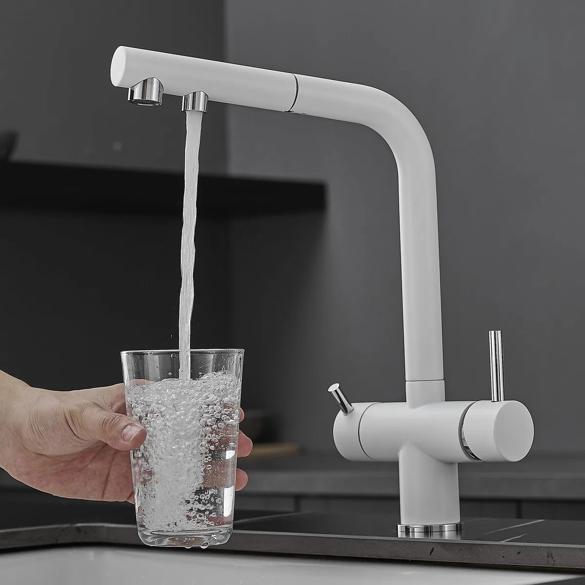 Rubinetto da Cucina a 3 Vie con Tubo Flessibile Estraibile, Rubinetto Rotante, Filtro per l'acqua, Miscelatore per lavello, Bianco