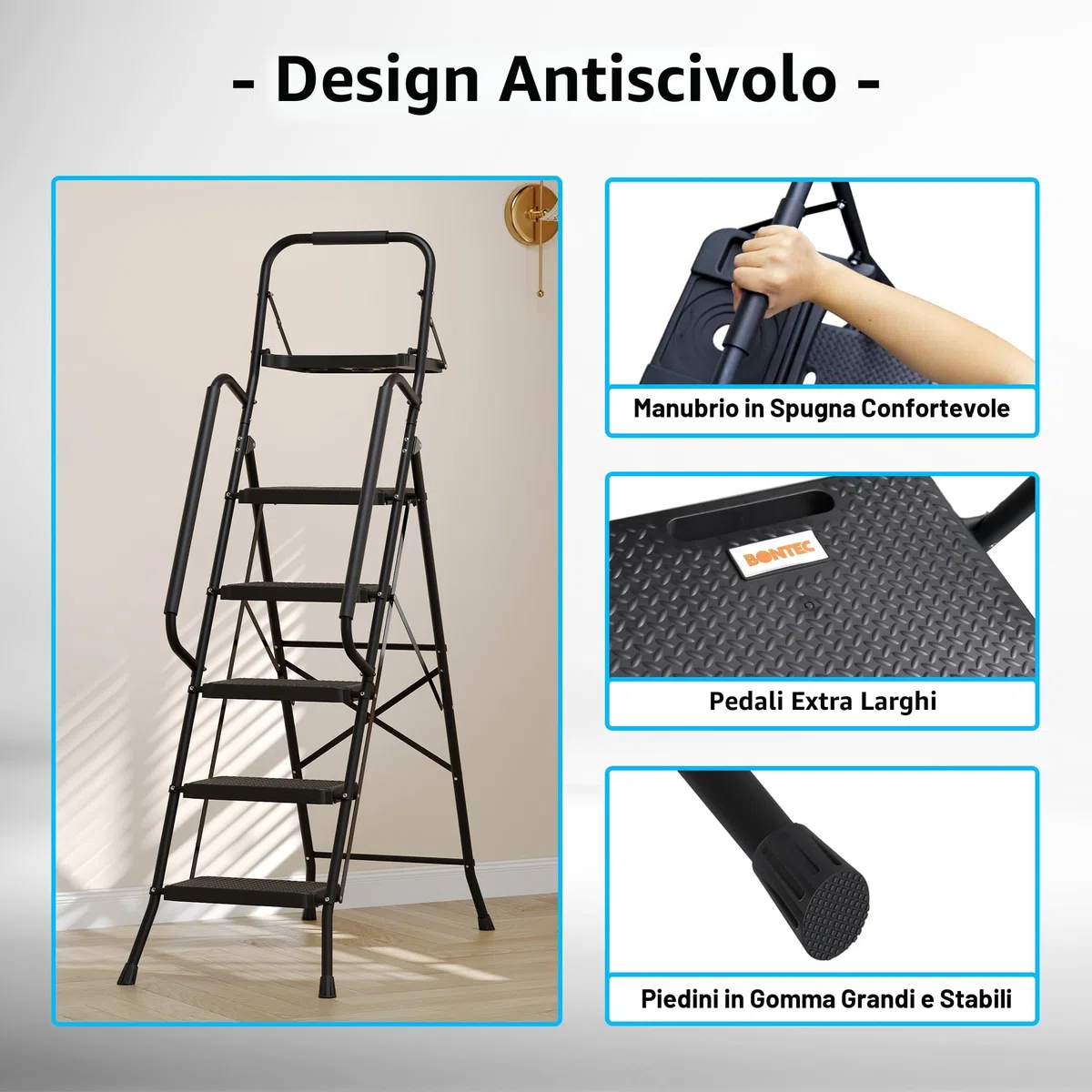 BONTEC Scala Pieghevole a 5 Gradini con Pedali Extra Larghe in Plastica Antiscivolo, Struttura in Ferro, Vassoio Portaoggetti e Borsa Attrezzi, Portata 150 kg, Facile da Riporre,Nero