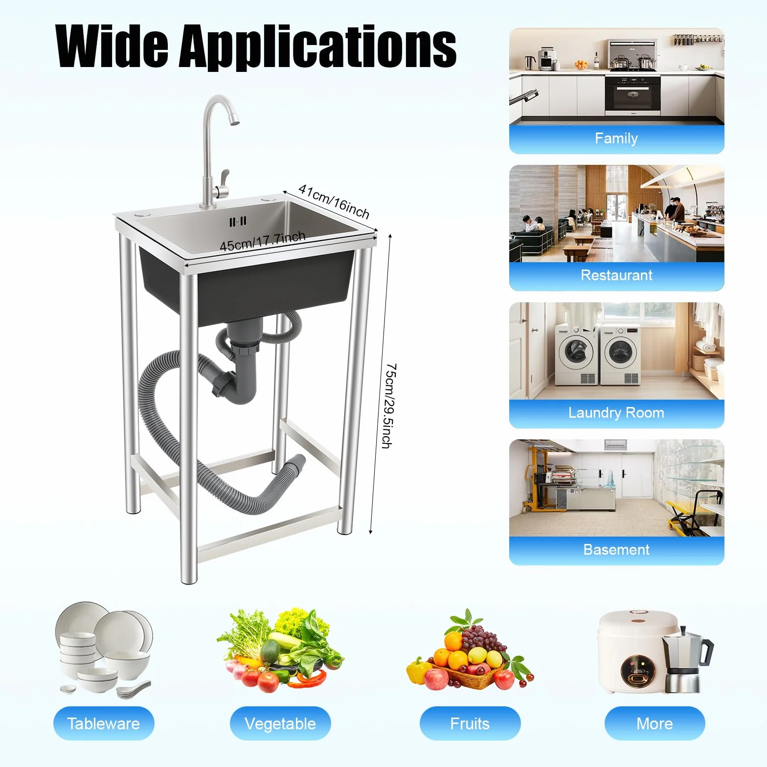 Lavello in acciaio inox a libera installazione, lavandino da cucina moderno grande, lavello con mobile sottostante da cucina, rettangolare, con troppo pieno, alta capacità, lavanderia e garage