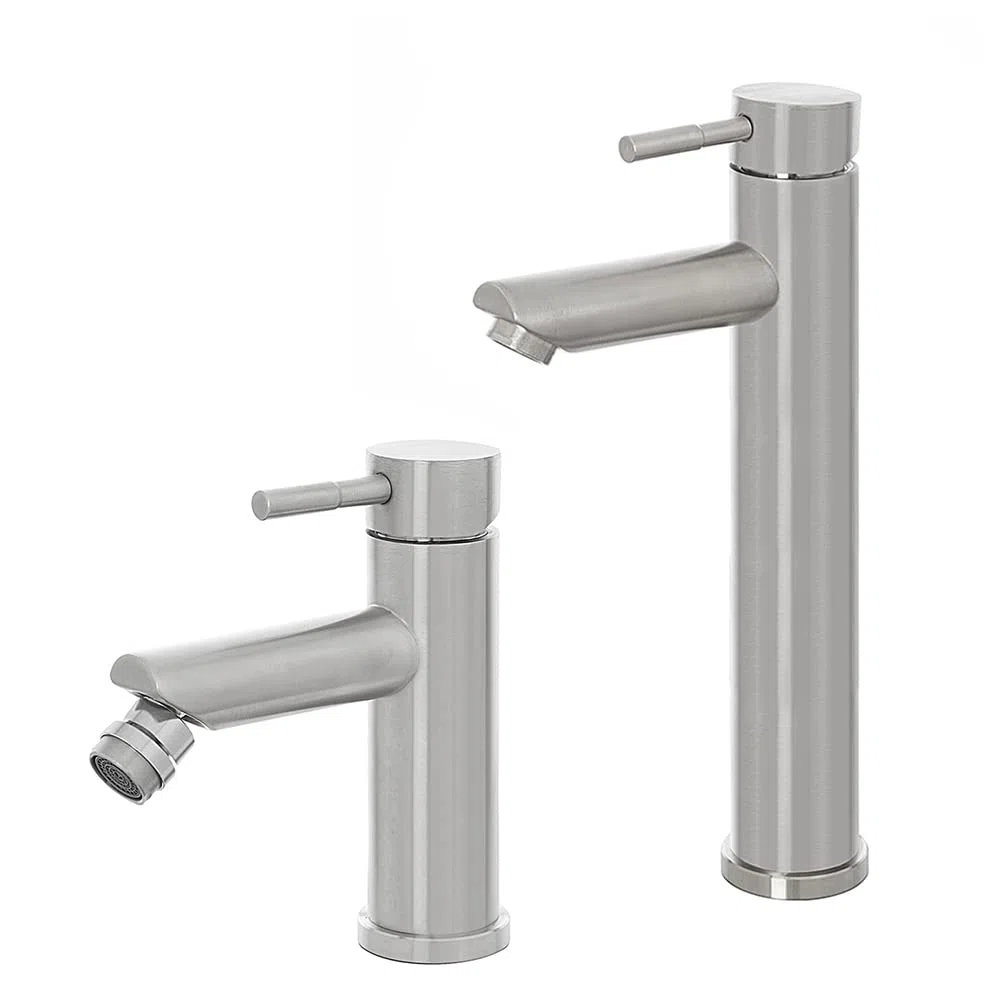 Inbagno Set miscelatori lavabo Alto e Bidet monocomando, in Acciaio Inox Spazzolato, con piletta Click clack Satinata, York