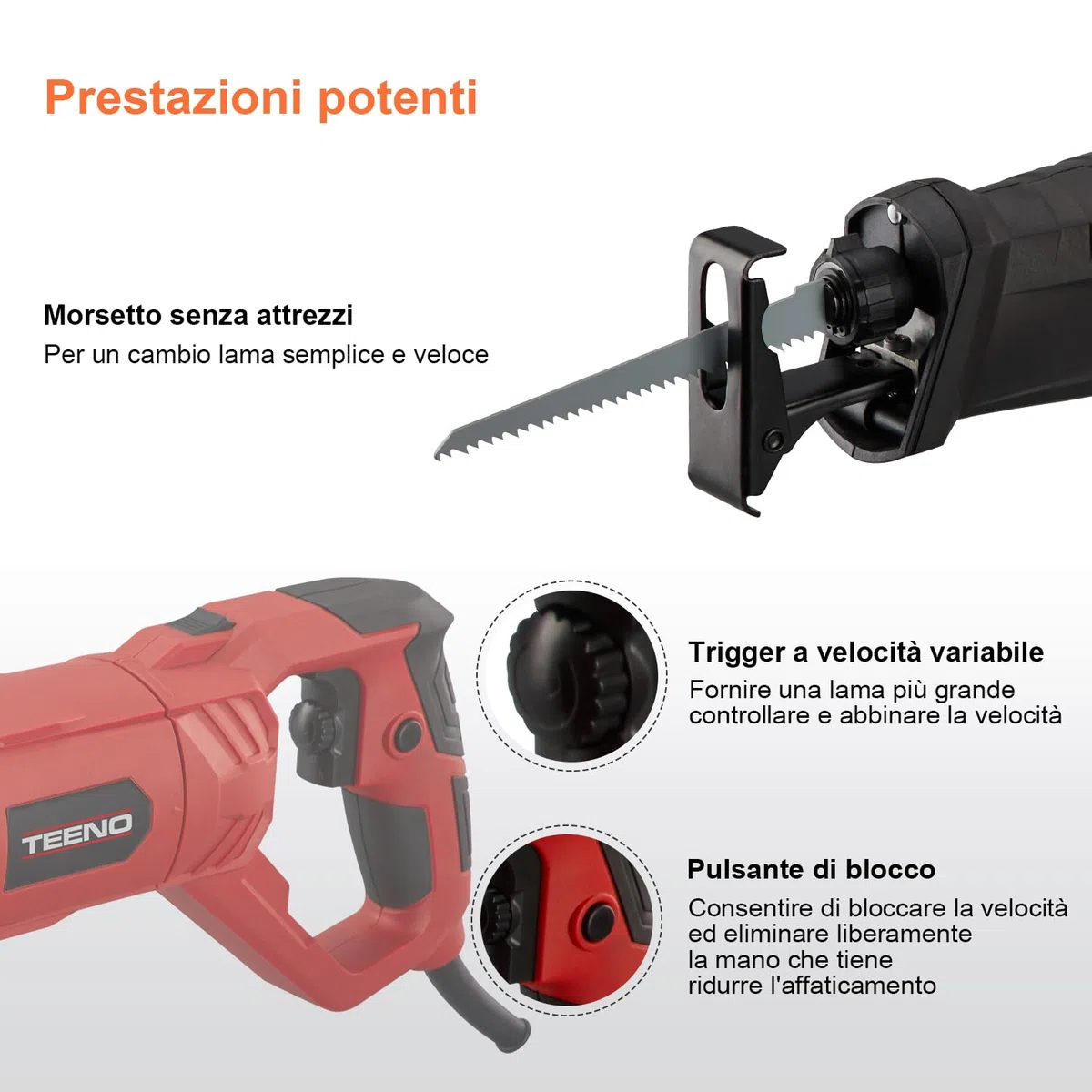 TEENO Sega a Gattuccio 850W Sega Universale Multifunzione con Luce LED, Maniglia Girevole, Velocità 0-2800SPM, con 2 lame: uno per legno, uno per metallo