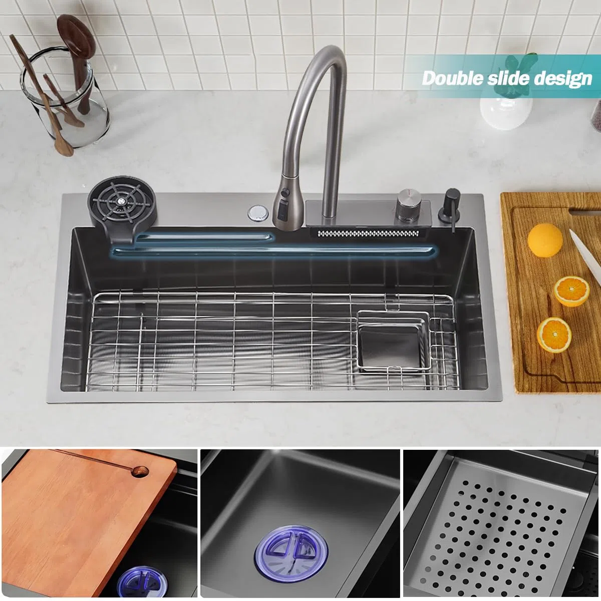 Lavello da cucina a cascata, lavello in acciaio inossidabile T304, 86 x 50 cm, lavello da cucina multifunzionale, lavello da incasso, lavello con rubinetto multifunzionale e vari accessori