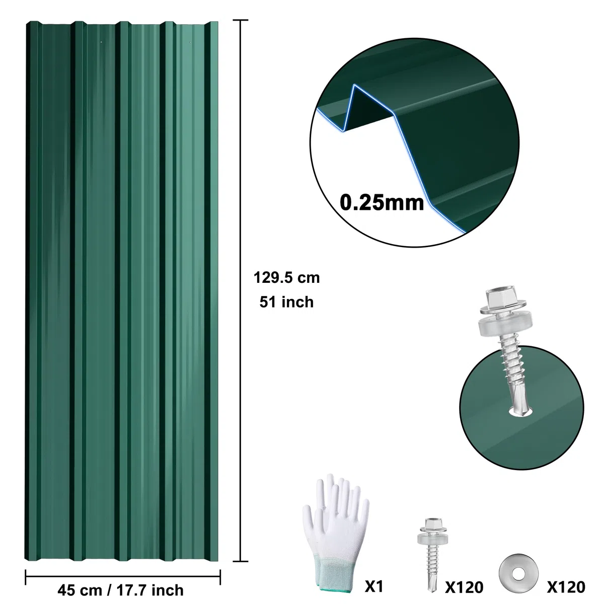 NAIZY Lamiera trapezoidale zincata, 129,5 x 45 cm, lamiera per tetto, 12 pezzi, con guanti e viti con dischi di tenuta, lamiera di metallo, lamiera per parete, montaggio facile e durevole, Verde