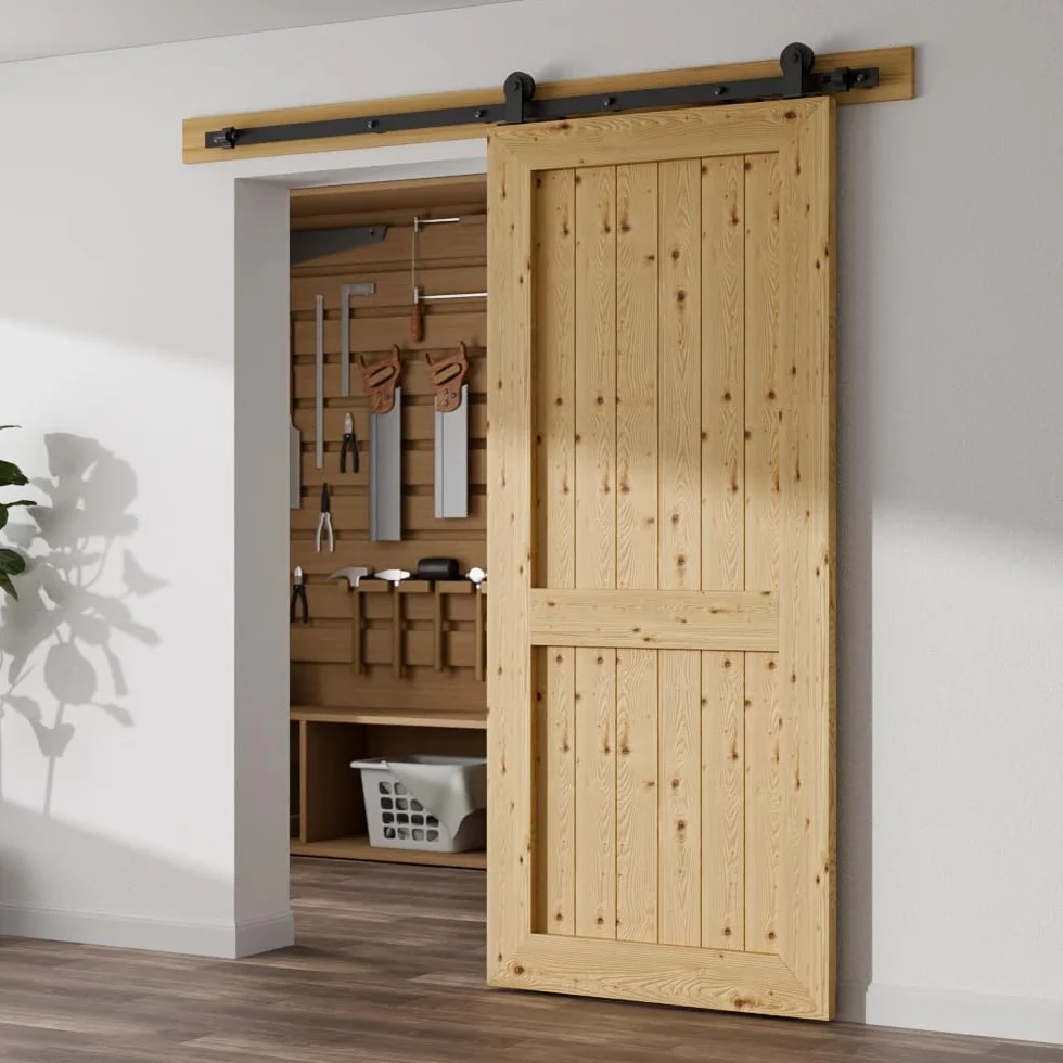 TSMST 6.6FT/200CM Binario per Porta Scorrevole, Nero e Rustico Kit Accessori con Guida a Pavimento Regolabile