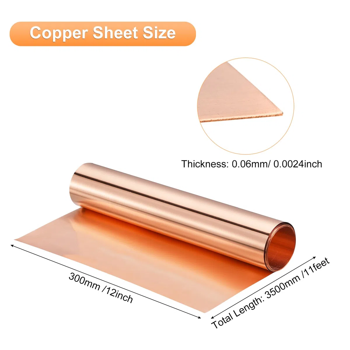 QUARKZMAN Rame Foglio Rotolo 3500mm x 300mm x 0,06mm 99,9% Puro Rame Striscia Rame Scossalina Metallo Lamina Piastra per Elettricità Progetti Fai-Da-Te (Dimensioni Multiple)