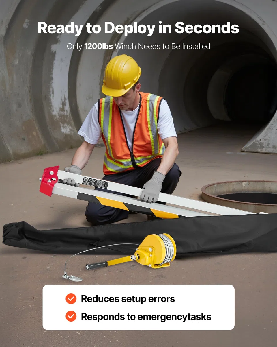 VEVOR Kit Treppiede per Spazi Confinati, Paranco di Sollevamento per Treppiede di Salvataggio per Impieghi Gravosi, Verricello da 544 kg, Lunghezza Gambe Regolabili da 1,34 a 2,15 m, Cavo da 30 m