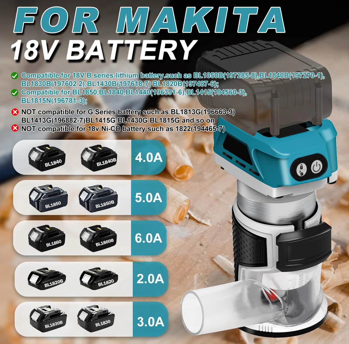 Fresa a batteria compatibile con batteria Makita da 18 V, fresa a bordi senza spazzole a 6 velocità, guida dritta, ruota di guida, 15 frese e canale di polvere (senza batteria)