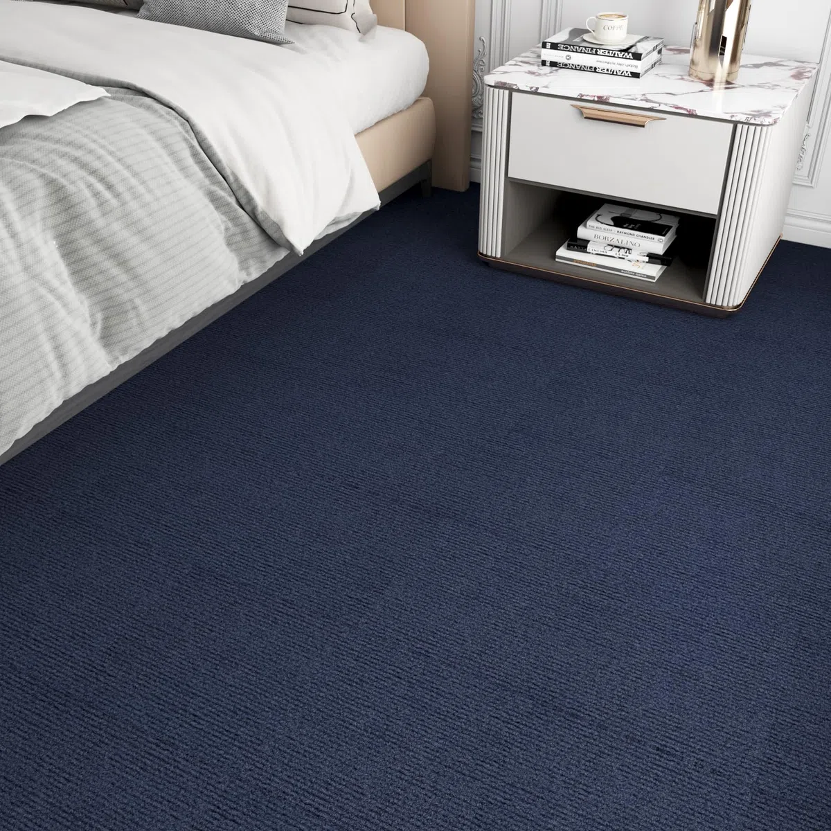 Livelynine Moquette Adesiva Pavimento Blu Scuro Moquette Pavimento Camera Soggiorno 30x30CM 32-Piastrelle Antiscivolo Piastrelle di Moquette Adesive per Ufficio Commercio Quadrotte di Tappeto Blu