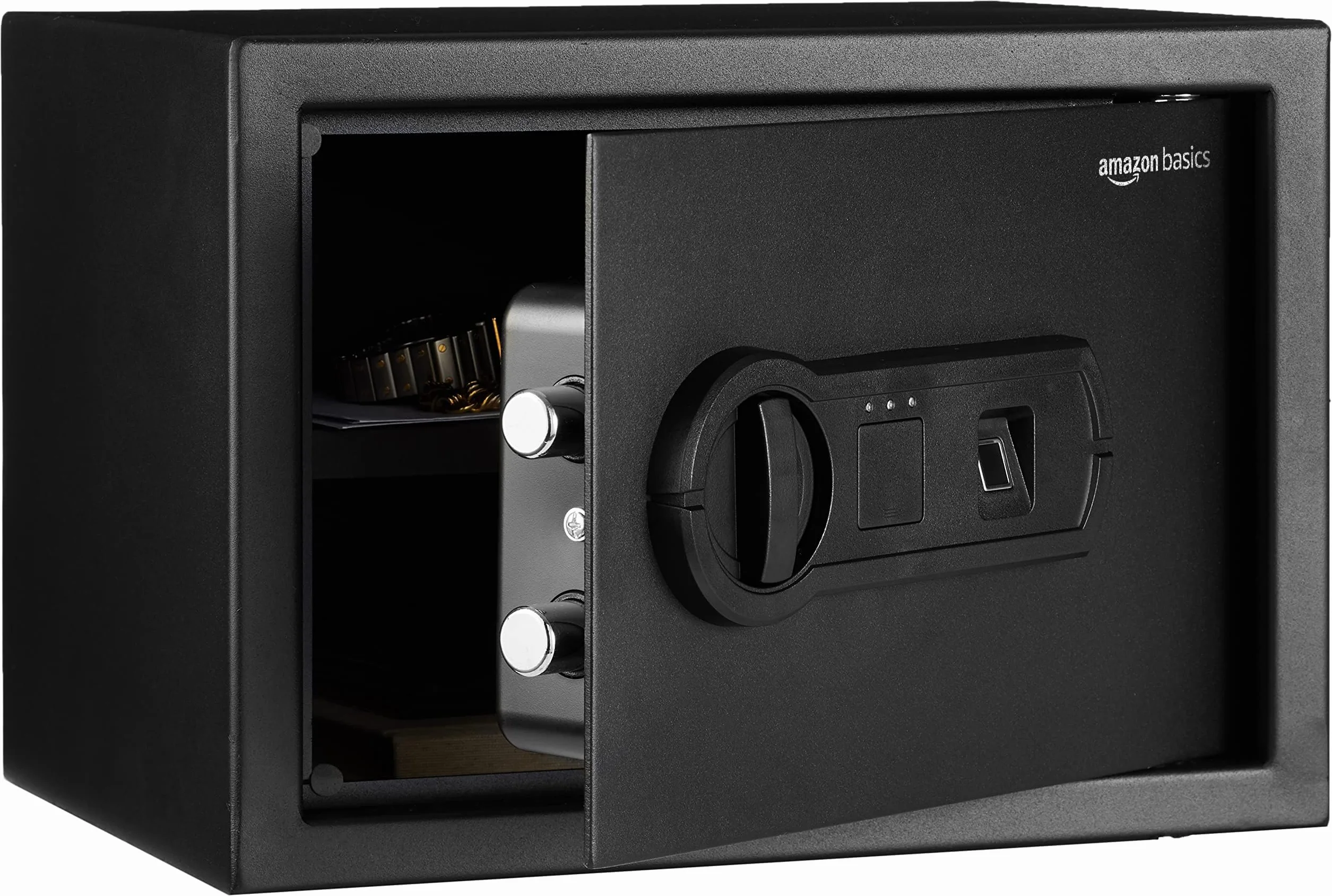 Amazon Basics Cassaforte di sicurezza domestica in acciaio con blocco biometrica per impronte digitali, per proteggere contanti, gioielli, documenti, 14 L, nero, 35 x 24,9 x 24,9 cm (LxPxA)