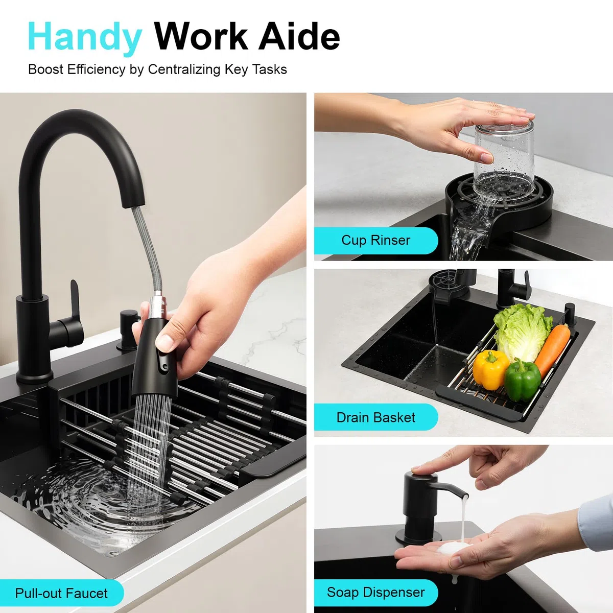 Lavello in acciaio inox 50 x 45 cm, nero, con rubinetto estraibile e portabicchieri, 1 vasca del lavello, dispenser di sapone, cestello filtro