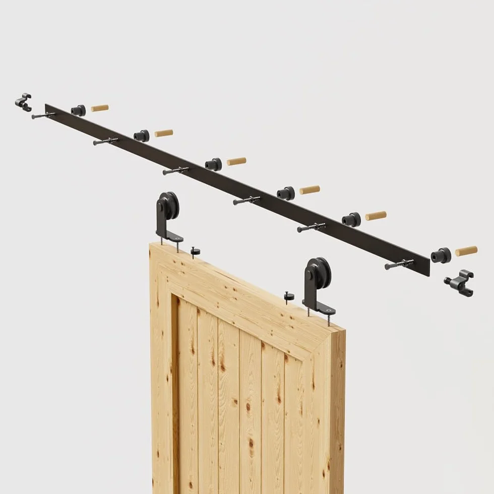 TSMST 6.6FT/200CM Binario per Porta Scorrevole, Nero e Rustico Kit Accessori con Guida a Pavimento Regolabile