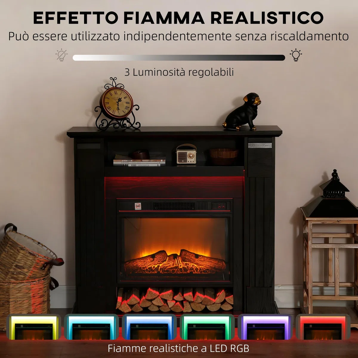 HOMCOM Camino Elettrico con Cornice Effetto Fiamma 3D Realistico 3 Luminosità, 1800W Caminetto Elettrico da Incasso/Terra, Luce LED, Riscaldamento Regolabile, 2 Telecomandi, Termostato, Timer, Nero