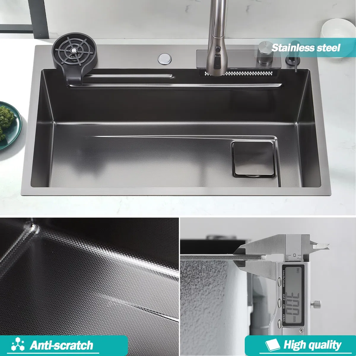Lavello da cucina a cascata, lavello in acciaio inossidabile T304, 86 x 50 cm, lavello da cucina multifunzionale, lavello da incasso, lavello con rubinetto multifunzionale e vari accessori