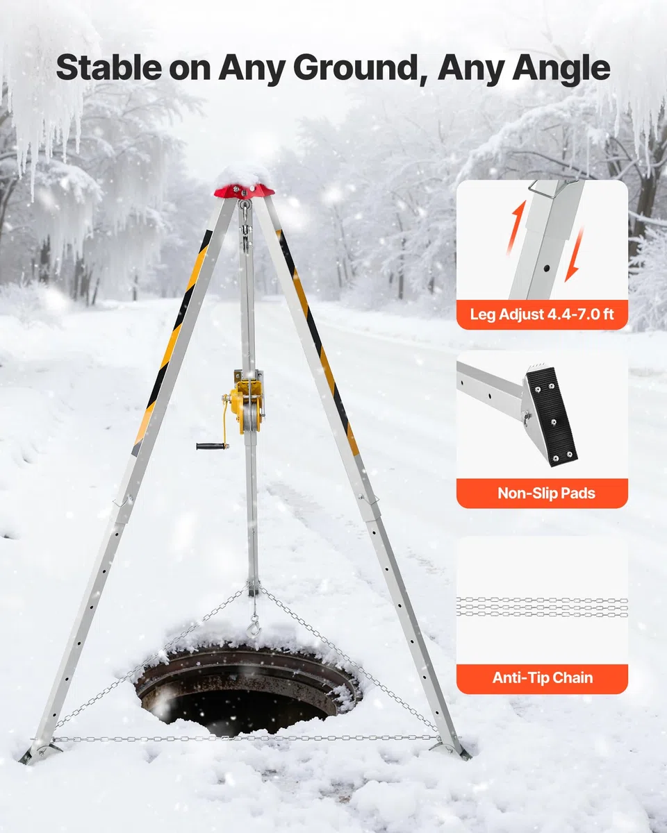 VEVOR Kit Treppiede per Spazi Confinati, Paranco di Sollevamento per Treppiede di Salvataggio per Impieghi Gravosi, Verricello da 544 kg, Lunghezza Gambe Regolabili da 1,34 a 2,15 m, Cavo da 30 m
