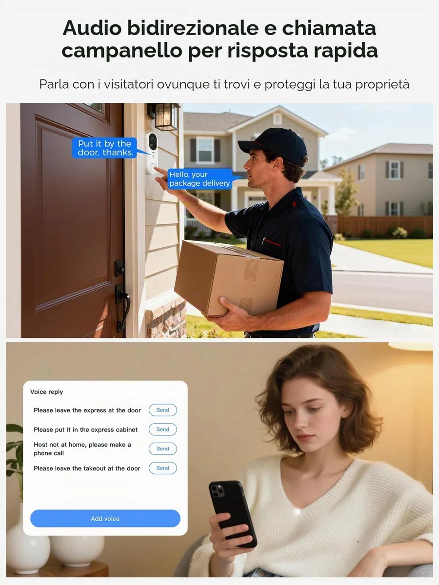 Hiseeu Campanello Video Wireless 2K–Avviso Istantaneo, Audio Bidirezionale, Rilevamento Movimento PIR, Visione Notturna Colori, Batteria Ricaricabile,WiFi 2.4G/5GHz,Richiede il kit