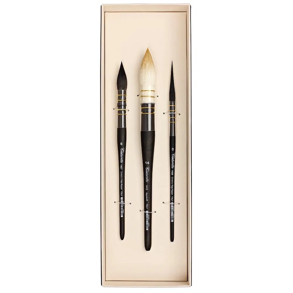 TINTORETTO SET LINEA FELTRACCO, SET 3 PENNELLI SINTETICI VAJO KAZAN PER ACQUARELLO ALTA TENUTA