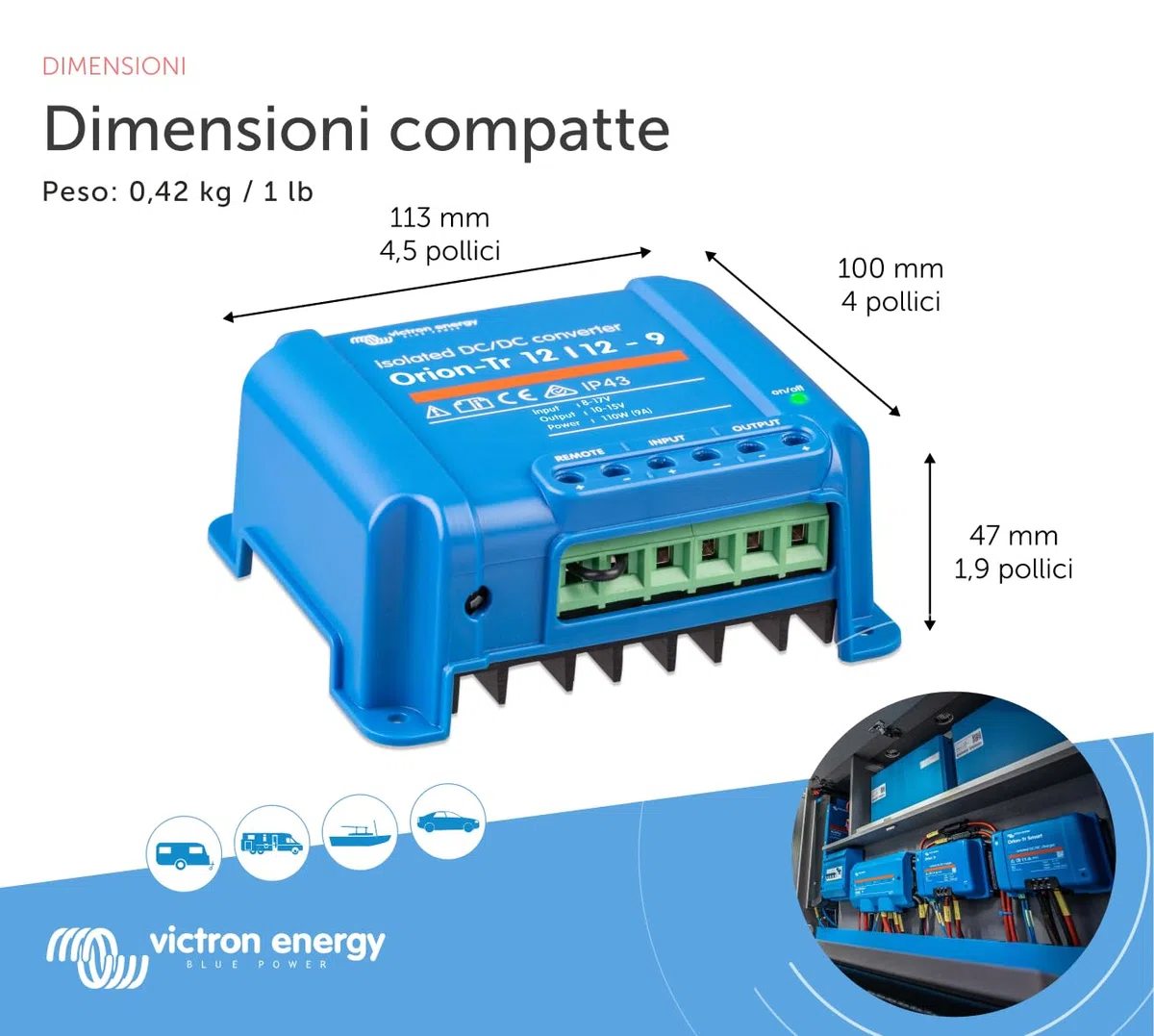 Victron Energy Orion-Tr IP43 12/12-Volt 9 amp 110-Watt Convertitore DC/DC, Isolato