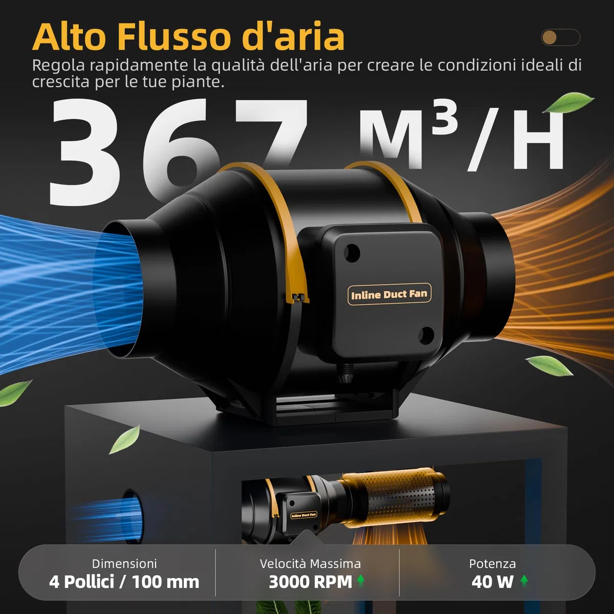 Ventilatore a tubo 100 mm, silenzioso, motore a doppia sfera puro con telecomando per controllo della temperatura e dell'umidità, per tenda da Grow Hydroponics 4E219-A