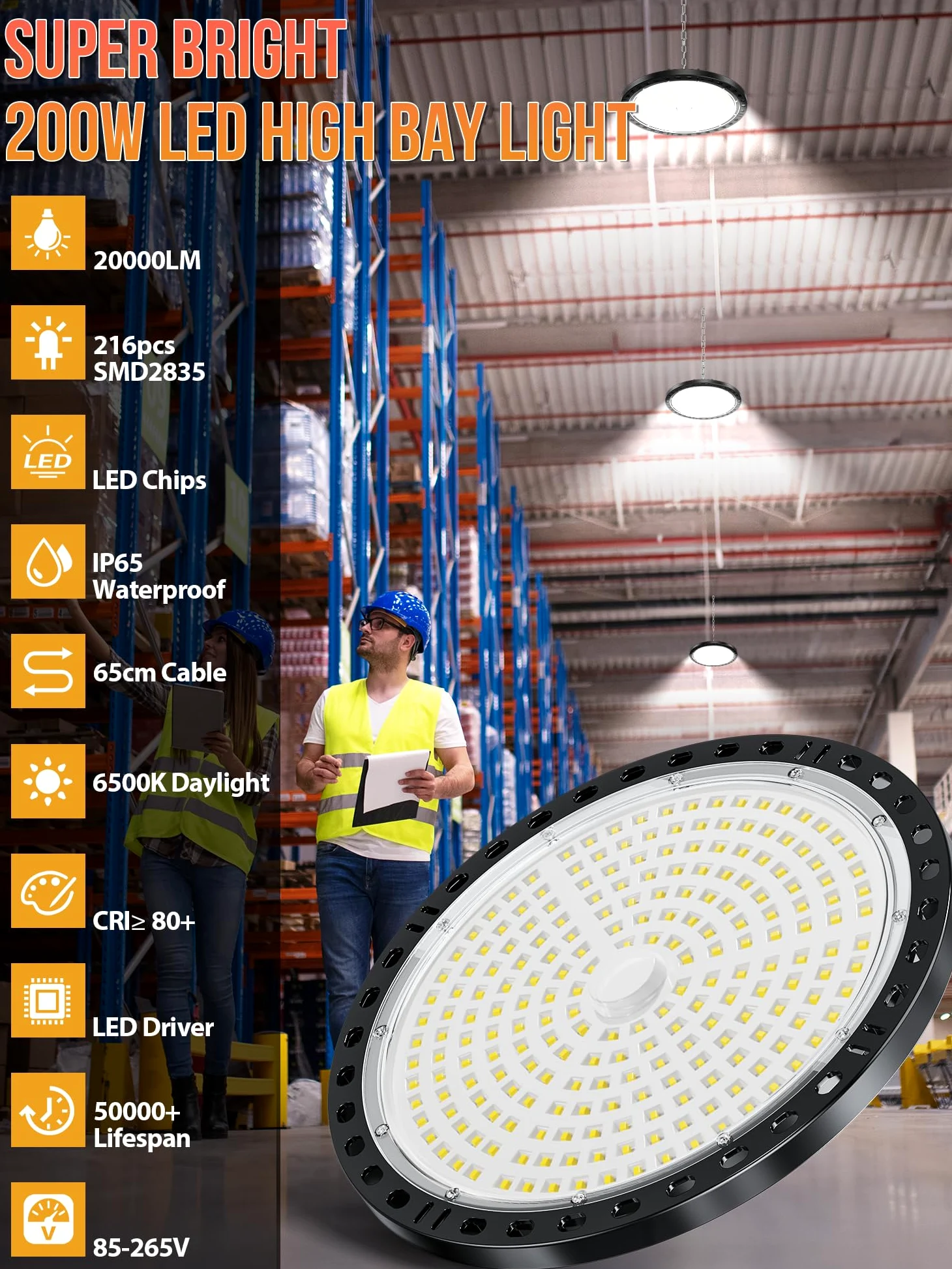 YIQIBRO Faro LED 200W 6 Pezzi, 20000LM UFO Lampada da Officina Industriale, 6500K Bianco Freddo Lampada da Garage, IP65 Impermeabile Faretto LED, UFO Plafoniera per Garage Magazzini Fabbrica Palestra