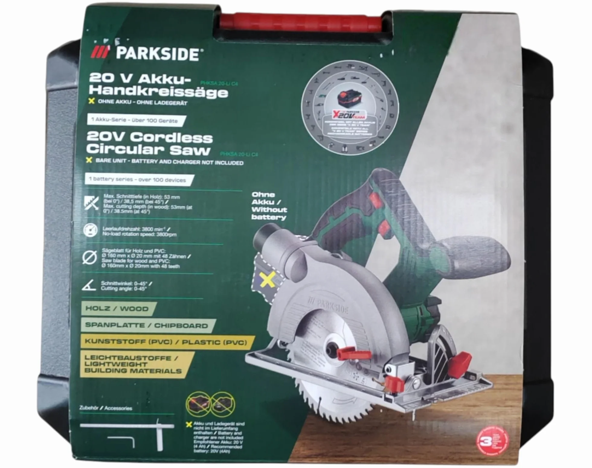 Parkside PHKSA 20-Li - Sega circolare senza fili con custodia, batteria e caricabatterie non inclusi