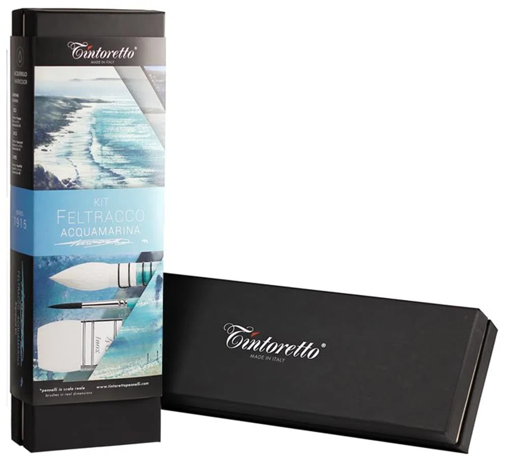 TINTORETTO Kit Pennellessa + Pennelli Punta Tonda per Acquerello Linea Feltracco ad Alta Tenuta - Set "Acquamarina" 3pz.