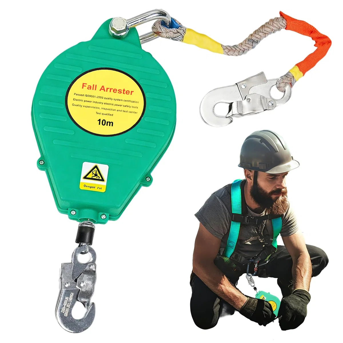 Dispositivo Anticaduta Retrattile 3-20M, Imbracatura di Sicurezza Anticaduta per Lavori in Quota, Funzione di Richiamo Automatico con Gancio Autobloccante per Tetto Edilizia(Verde,10m)