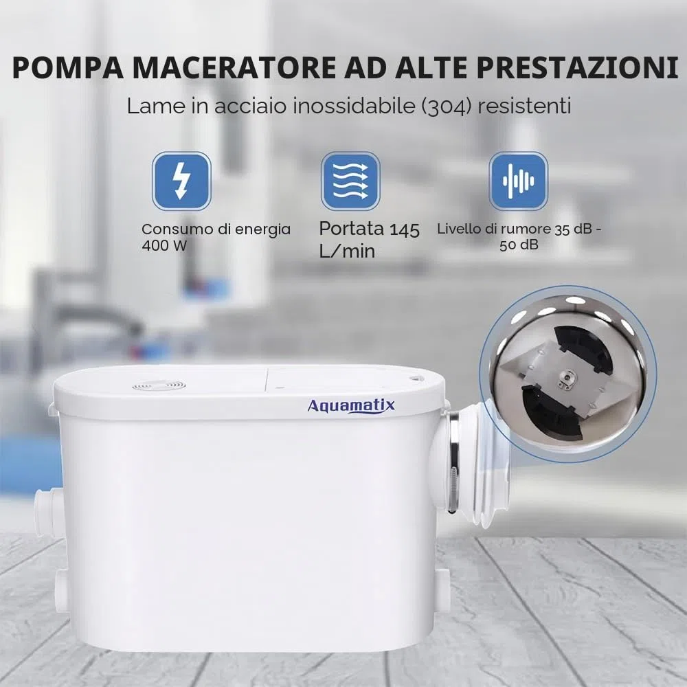 Aquamatix Silencio S Trituratore Pompa Maceratore 400W Sistema di Sollevamento 145L/min per WC sospeso 3 ingressi 8m Distanza di pompaggio verticale con Filtro a carbone
