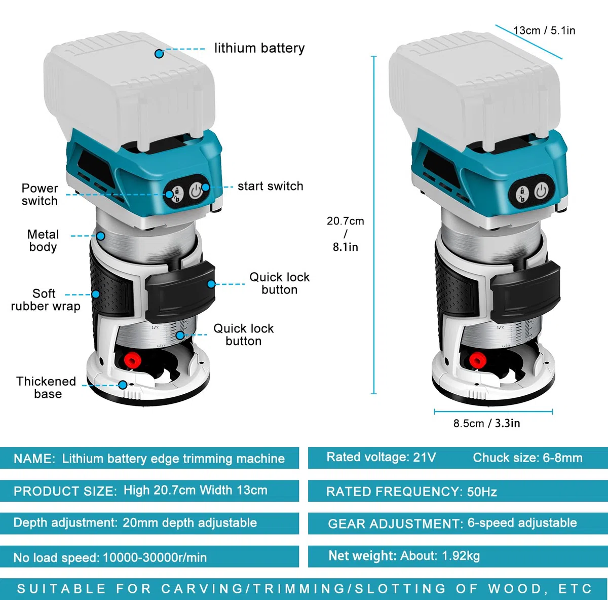 Fresa a batteria compatibile con batteria Makita da 18 V, fresa a bordi senza spazzole a 6 velocità, guida dritta, ruota di guida, 15 frese e canale di polvere (senza batteria)