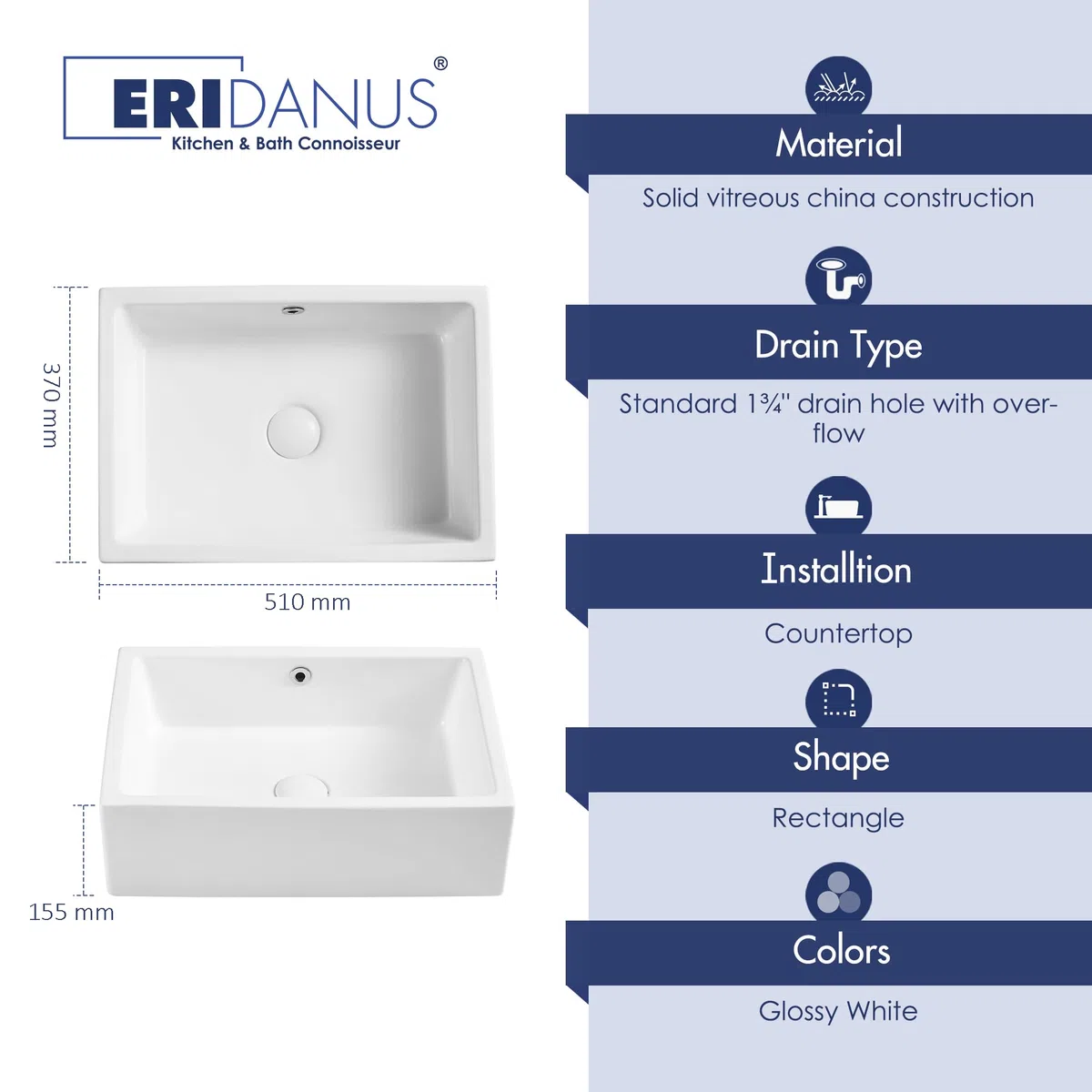 Eridanus Lavabo rettangolare in ceramica, 51 x 37 x 15 cm, lavabo da appoggio per vasca da bagno, moderno lavabo bianco, lavabo da tavolo, lavabo con foro per rubinetto, lavabo a mano