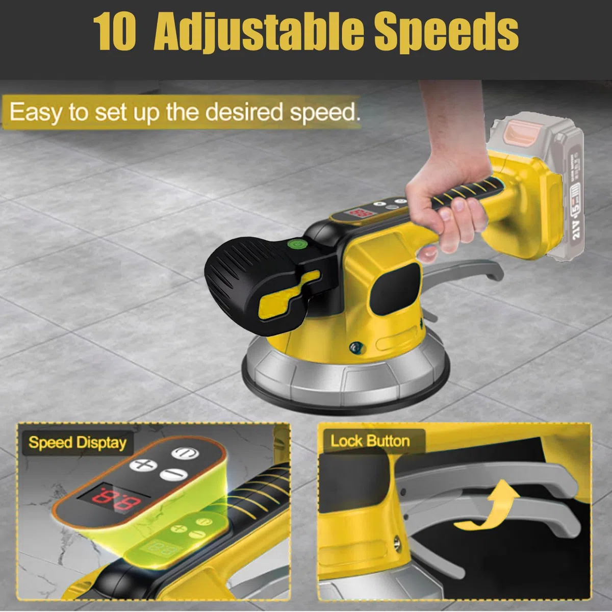 Strumento vibrante senza fili per piastrelle, compatibile con batteria Dewalt da 20 V, macchina per piastrelle con 10 ingranaggi regolabili, assorbimento 850 kg, motore 23000 giri/min, ventosa da 14,5