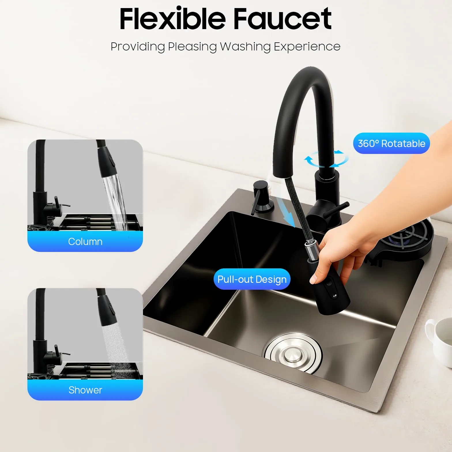 Lavello in acciaio inox 50 x 45 cm, nero, con rubinetto estraibile e portabicchieri, 1 vasca del lavello, dispenser di sapone, cestello filtro