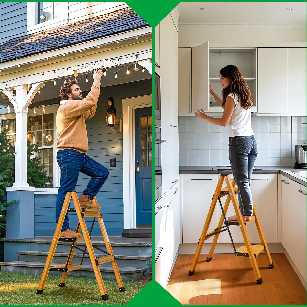 3 Gradini Scala Pieghevole in Alluminio, Scala Portatile Antiscivolo, Scala Multifunzione con Design a Trama Legno, Resistente fino a 150 kg per Casa, Cucina, Bagno, Campeggio