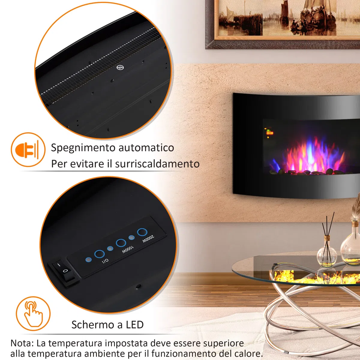 HOMCOM Caminetto Elettrico da Parete con Effetto Fiamma Colorato e Telecomando, Camino Elettrico 1800W con Temperatura Regolabili, Termostato, Timer e Protezione da Surriscaldamento, Nero