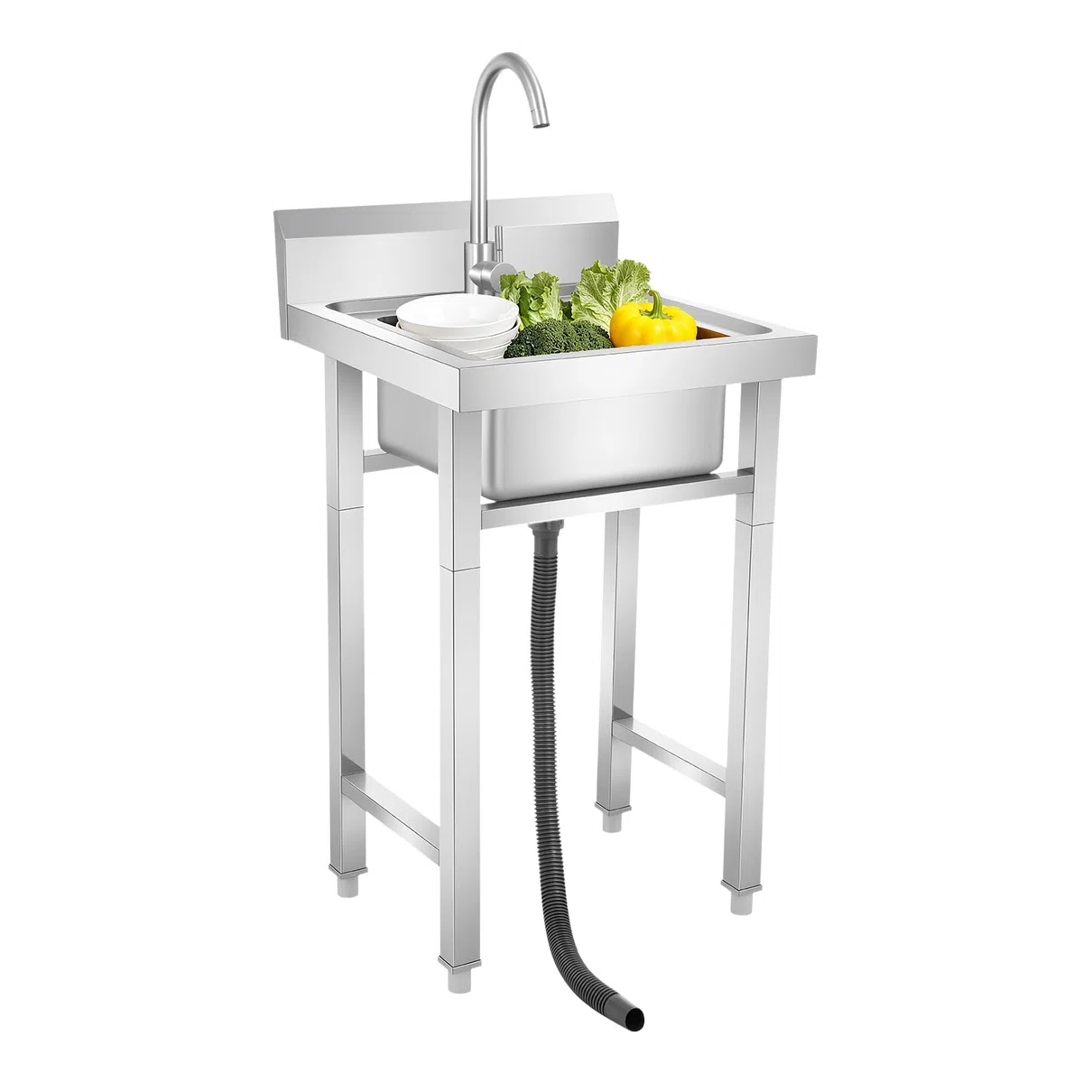 Lavello da cucina in acciaio inox, da incasso con rubinetto girevole a 360°, 50 * 50 * 93 cm, lavello commerciale per lavanderia, cucina all'aperto, attività di ristorazione