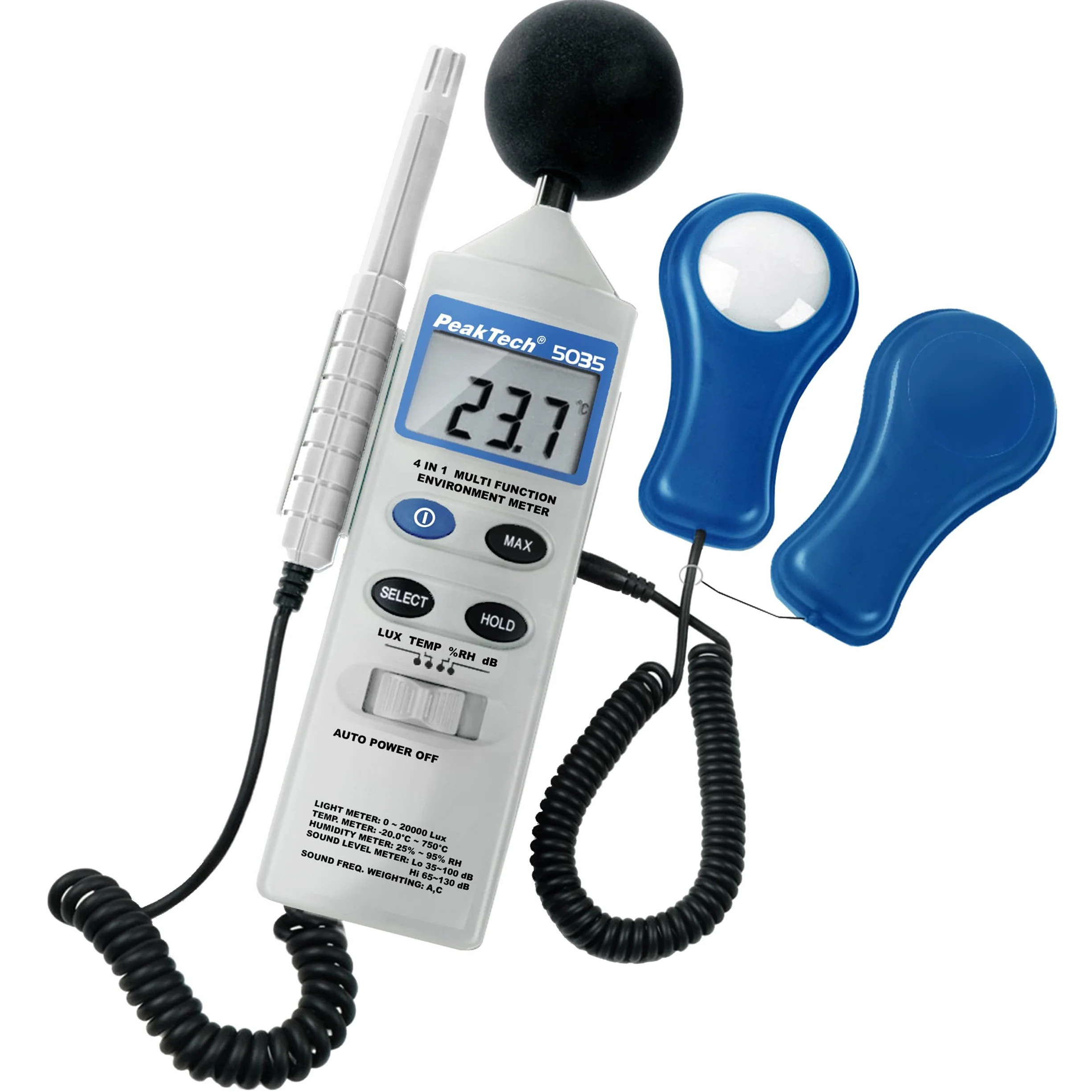 Peaktech 5035 - Dispositivo di Misurazione Ambientale Multifunzione 4 in 1, Suono, Temperatura, Umidità e Luminosità, Schermo LCD, Sensore di Tipo K, Funzionamento a Batteria - 250G