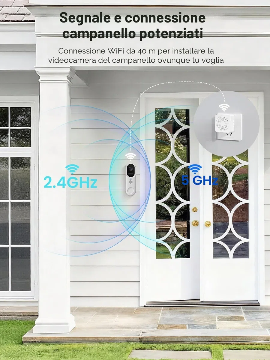 Hiseeu Campanello Video Wireless 2K–Avviso Istantaneo, Audio Bidirezionale, Rilevamento Movimento PIR, Visione Notturna Colori, Batteria Ricaricabile,WiFi 2.4G/5GHz,Richiede il kit