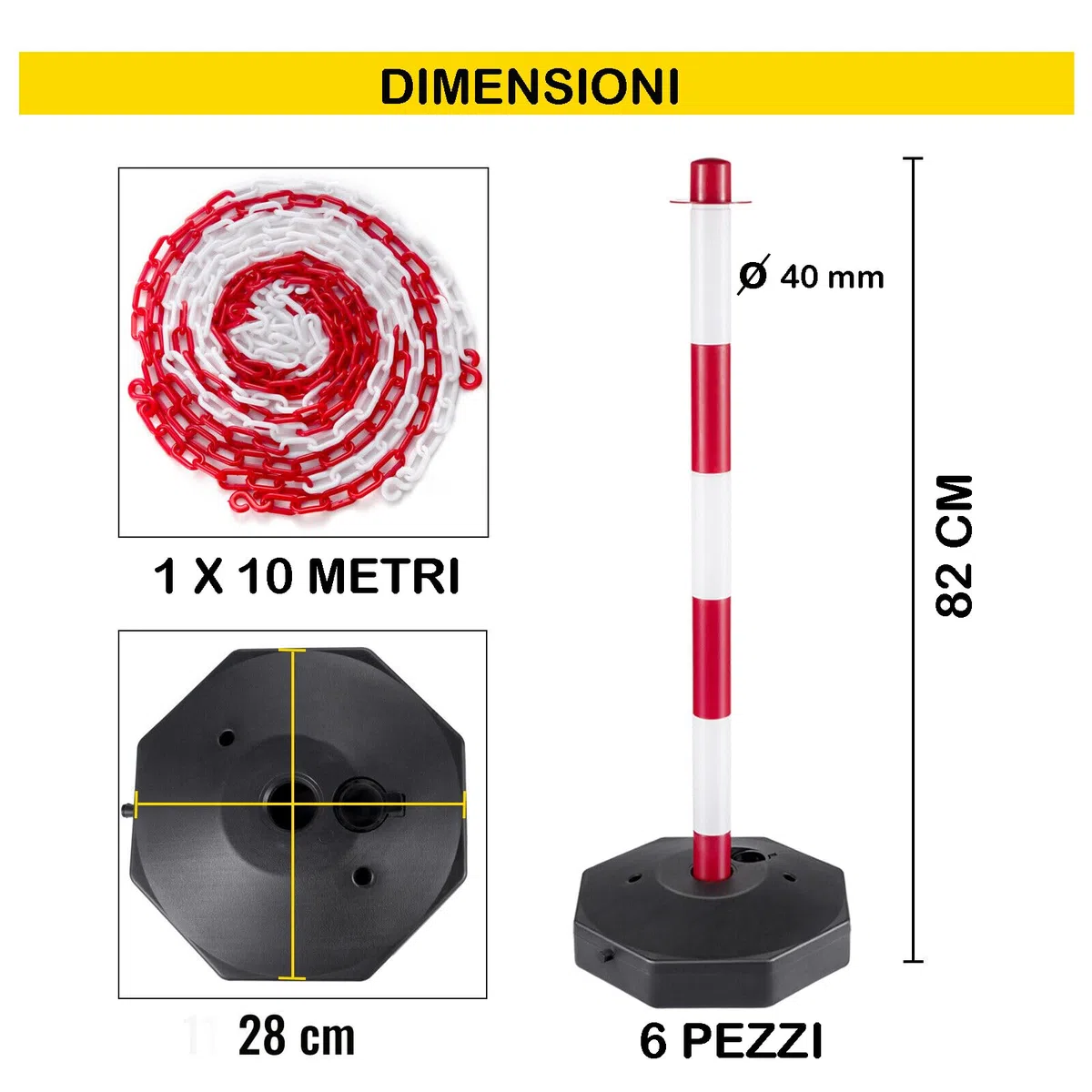 DMS- SET 6 PALI DI SBARRAMENTO - PARCHEGGIO - CON CATENA 10 MT E GANCI AD ESSE