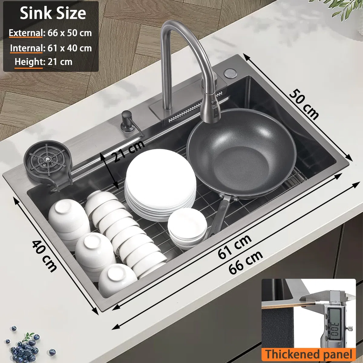 Lavello da cucina a cascata Ribanedy 66 x 50 cm, lavello da cucina in acciaio inossidabile grigio scuro, versatile lavello moderno a vasca singola con rubinetto a spruzzo estraibile e accessori