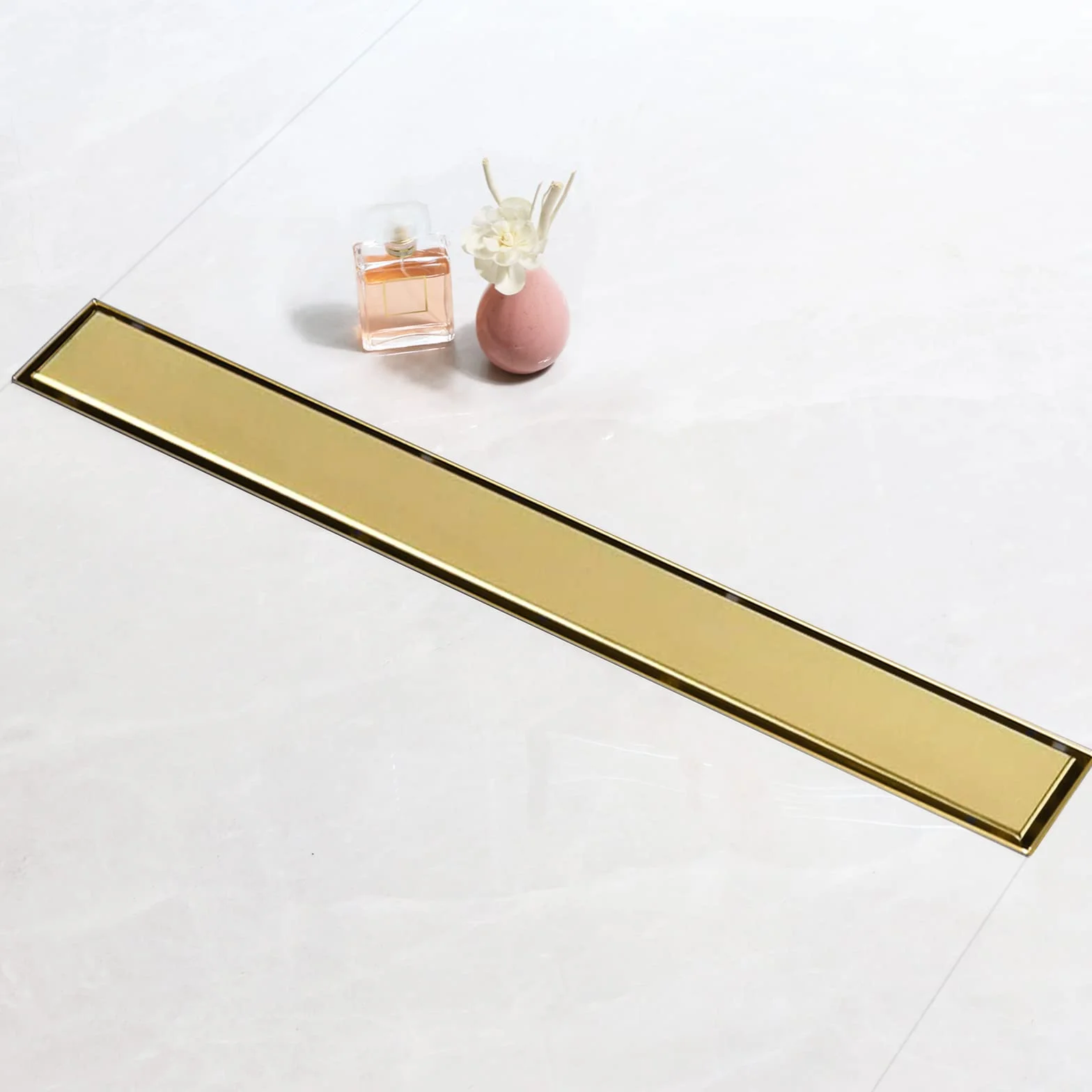 SaniteModar Canalina Scarico Doccia Dorato 60cm, Canaletta Doccia con Sifone e Filtro, Pannelli 2 in 1