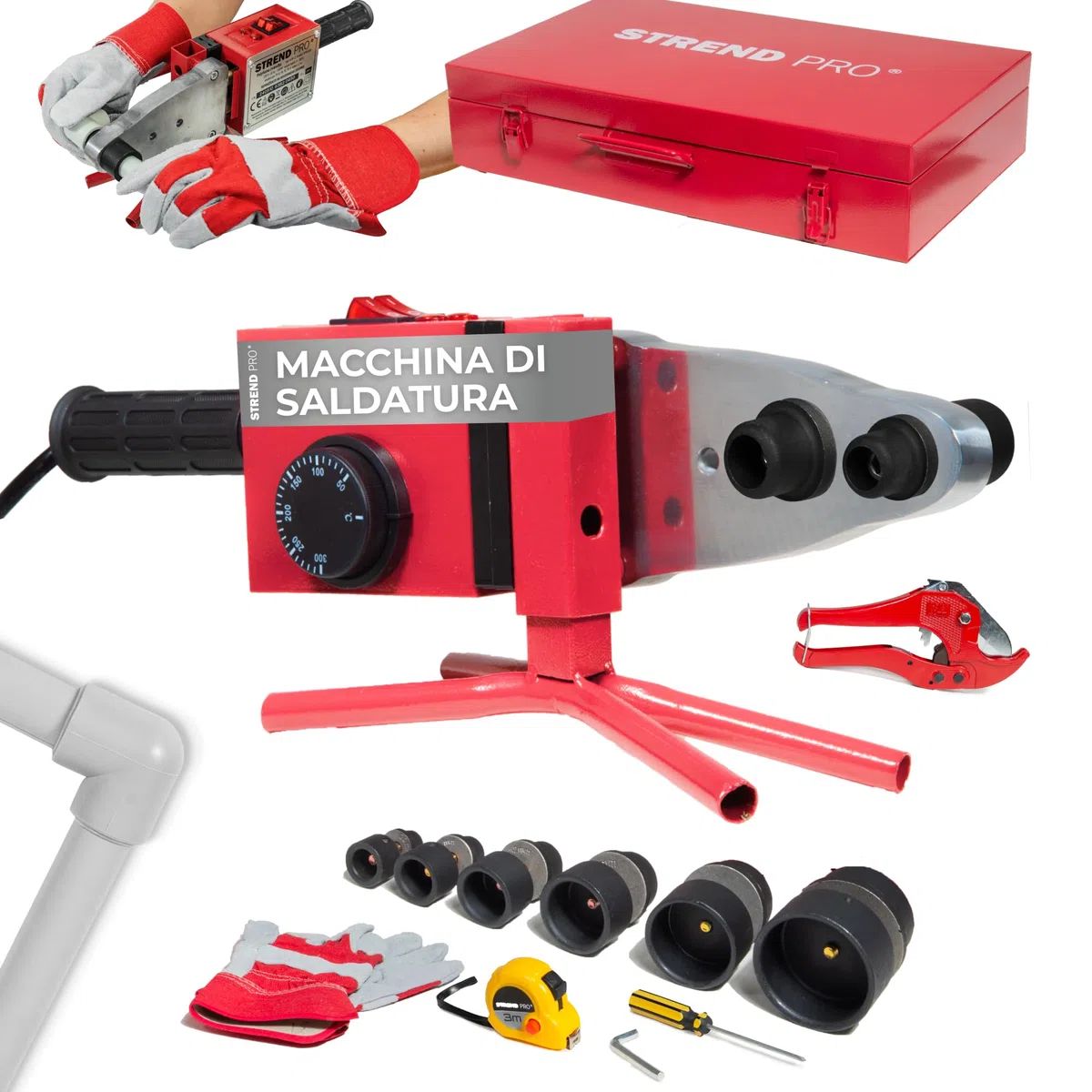STREND PRO Saldatrice a Manicotto | 1500W Polifusione | Per Tubi in Plastica Ø20–63 mm - PPR, PE | Saldatrice Professionale con 14 Accessori | Regolazione 0–300°C