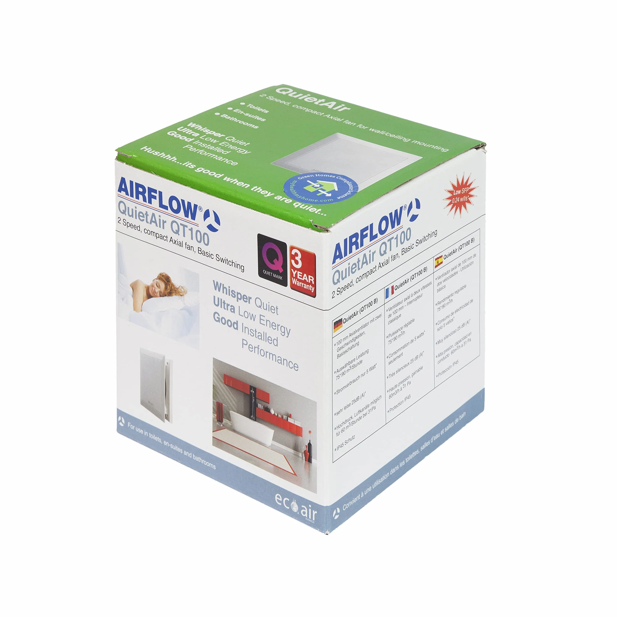 Airflow QT100B Extractor Baño Básico, 100 mm, Fabricado en Alemania, 2 Velocidades, 25 dB(A), 5/9 W, Hasta 25 l/s, Certificado QuietMark, Garantía 3 Años
