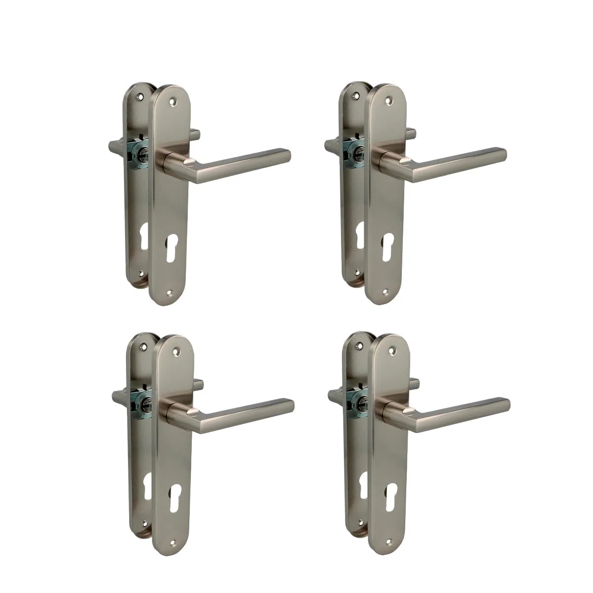 Amig - Confezione da 4 set di maniglie con piastra in acciaio per porte - mod. MAI PB85-240 x 45 mm – Quadretto da 8 mm – Design elegante e semplice – Con Bocallave – Alluminio nichel spazzolato