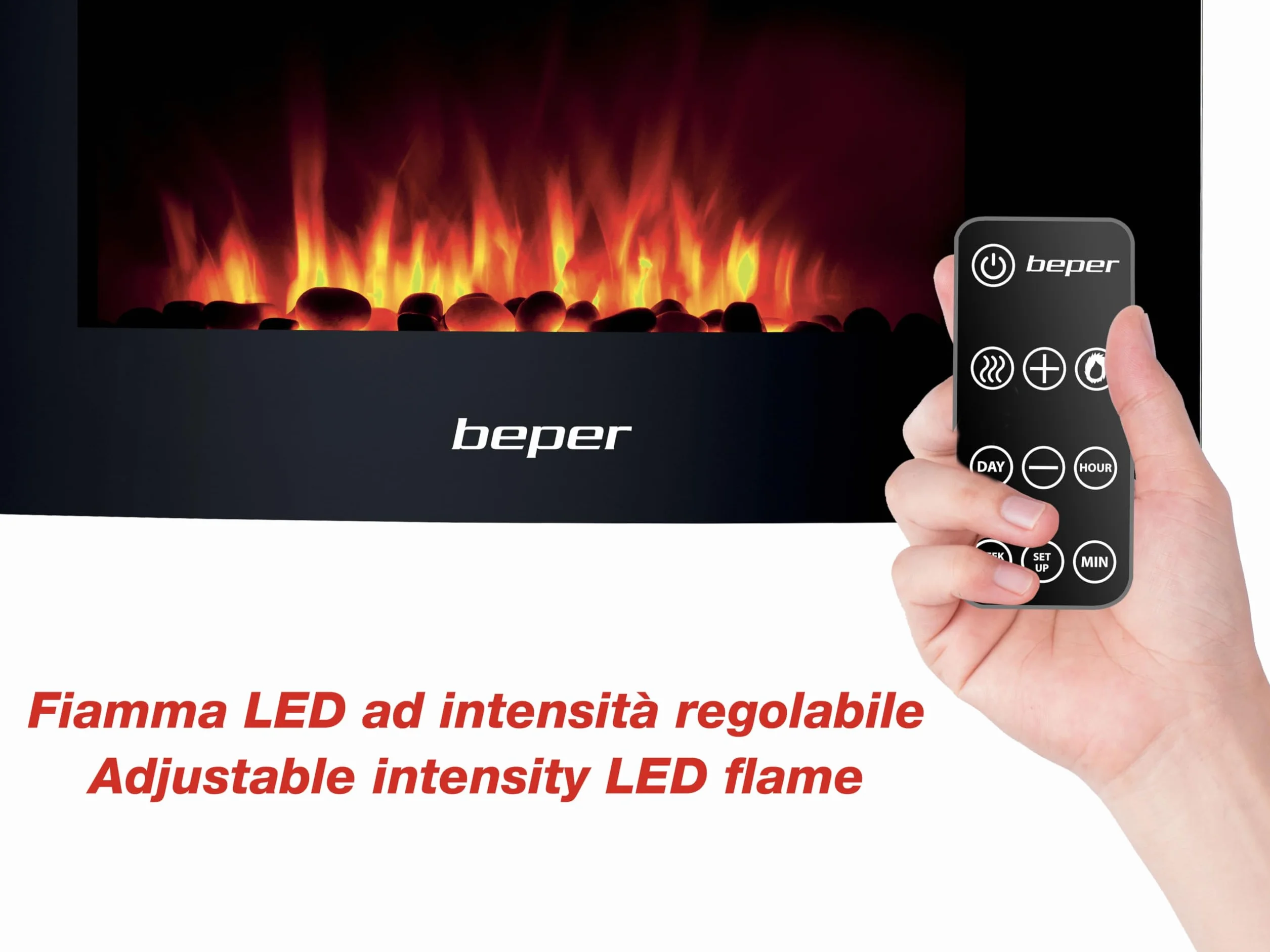Beper RI.503 – Caminetto Elettrico da Parete, con Telecomando, Effetto Fiamma con 5 Livelli d’Intensità, Timer Settimanale, Modalità Riscaldante con Impostazione della Temperatura, 52 x 66 x 15 cm