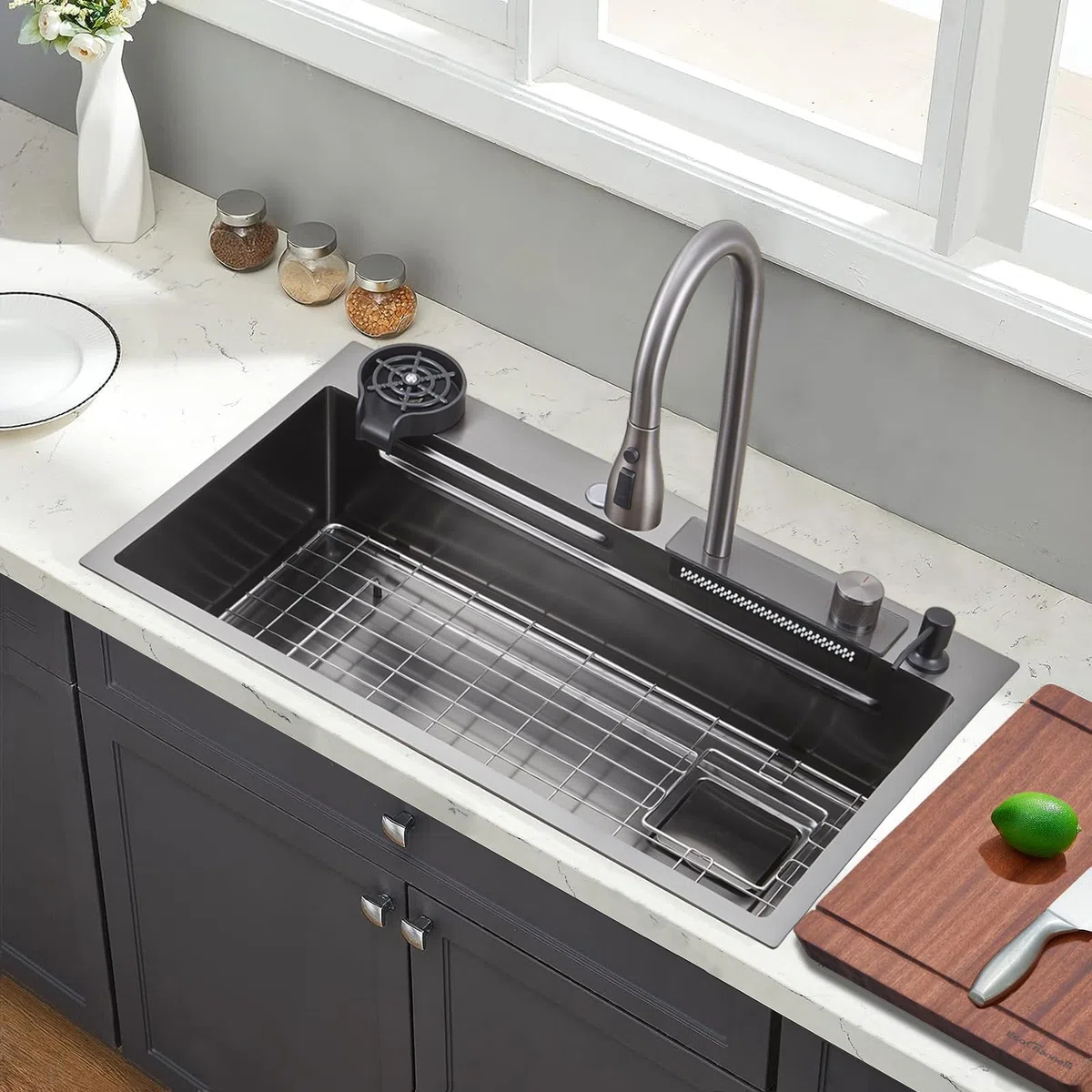 Lavello da cucina a cascata, lavello in acciaio inossidabile T304, 86 x 50 cm, lavello da cucina multifunzionale, lavello da incasso, lavello con rubinetto multifunzionale e vari accessori