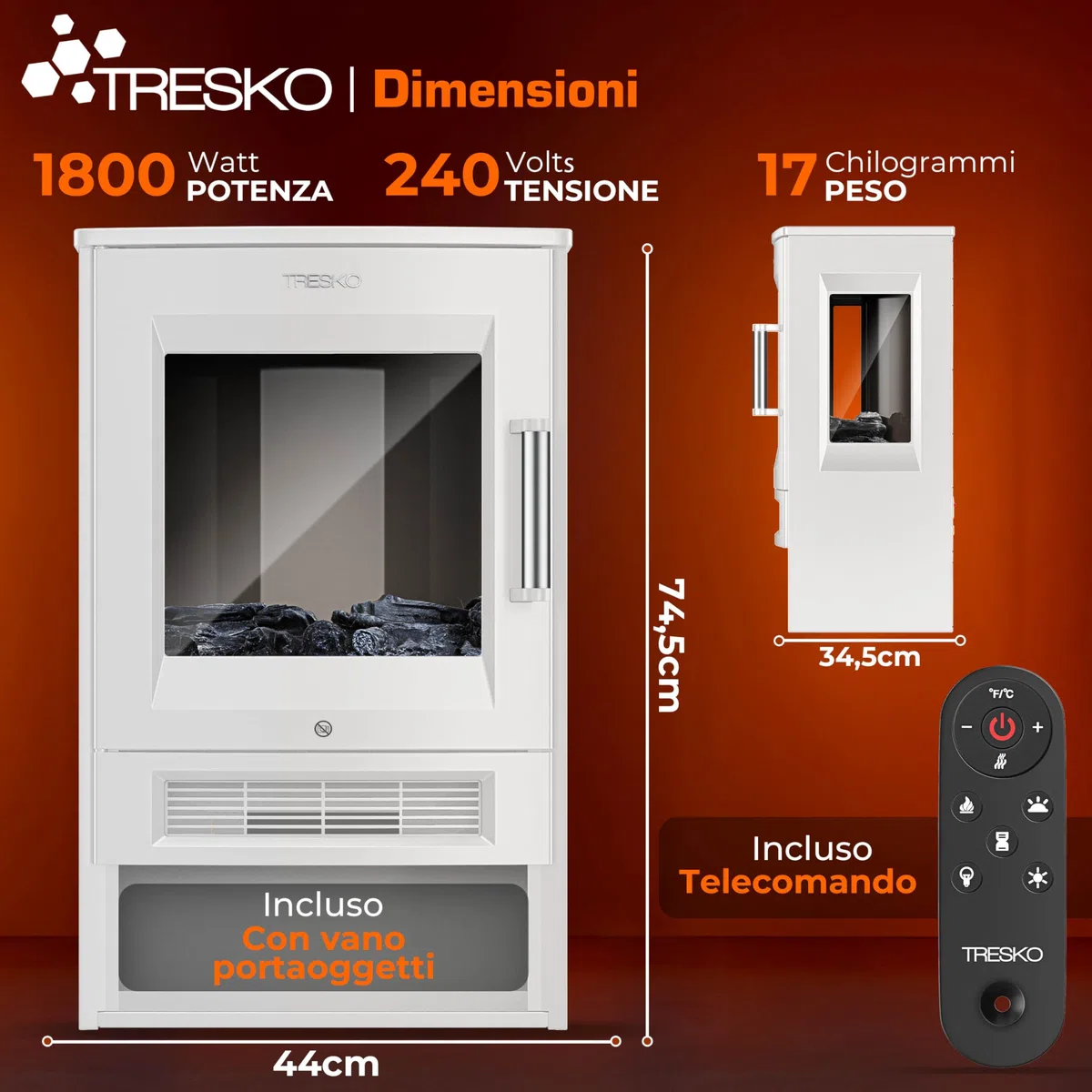 TRESKO Camino elettrico con riscaldamento con telecomando e app WiFi, camino elettrico, 1800 W, effetto fiamma a LED, modalità di colore, termostato, timer, stufa elettrica, camino, camino, 2 livelli