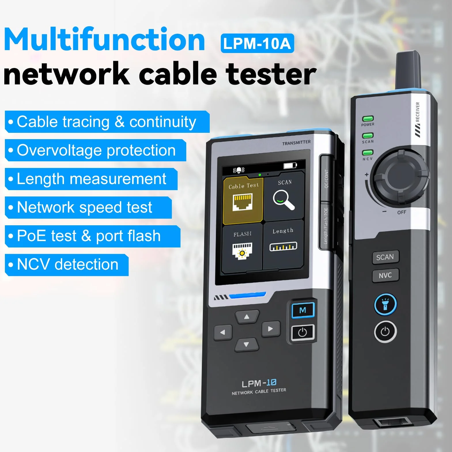 Tester cavi di rete,Tester lan Test anti-interferenza del cavo PoE, Test di crimpatura, Test di velocità del cavo, Test di lampeggio della porta, Rilevamento senza contatto NCV (LPM-10A)