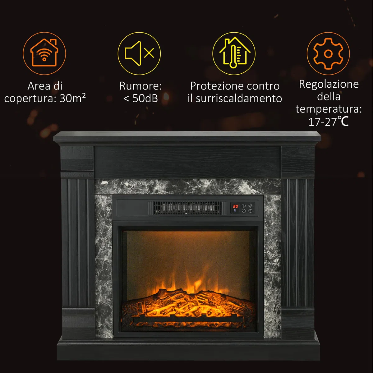 HOMCOM Camino Elettrico con Cornice Effetto Fiamma Realistico 3 Luminosità Regolabile, Stufa Silenzioso Caminetto Elettrico 1800W con Telecomando, Termostato, Timer, Riscaldamento Regolabile, Nero